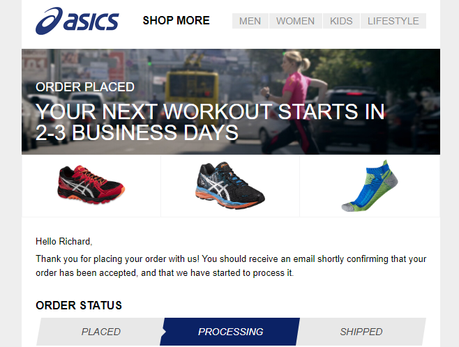 Asics' order confirmation