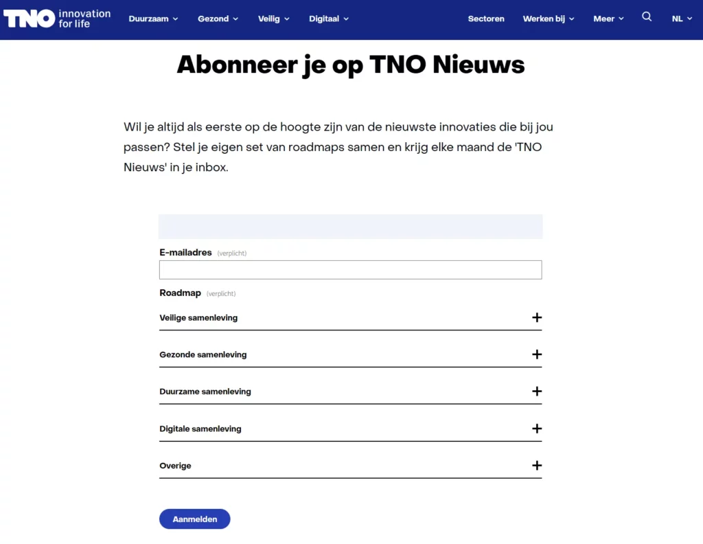 Aanmeldformulier van TNO inclusief voorkeursopties