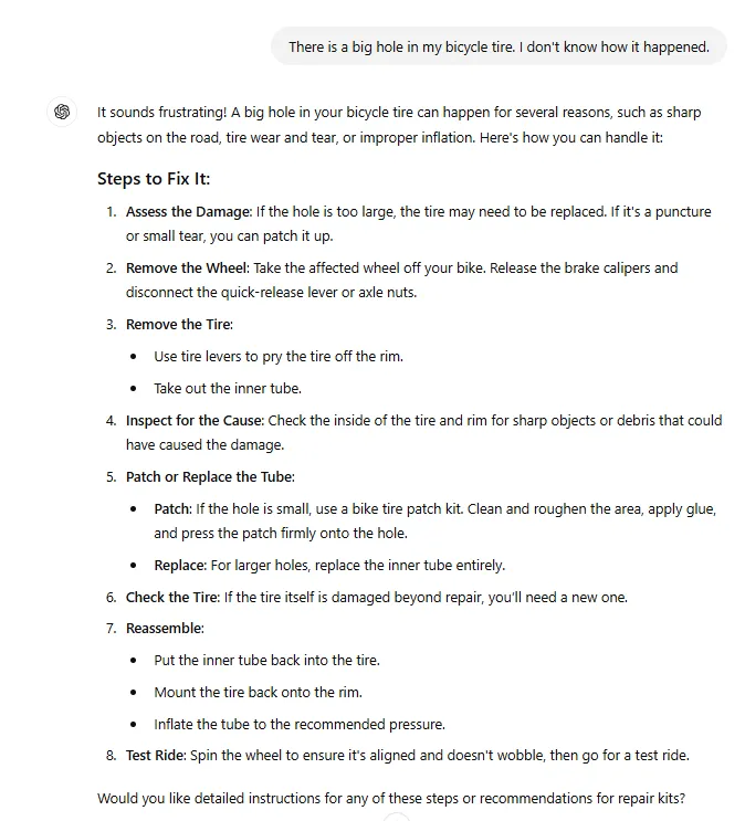 ChatGPT zum Thema "Was tun bei einem Loch im Fahrradreifen".