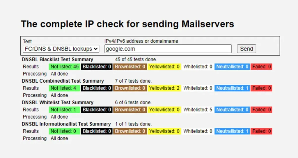 Use a tool like MultiRBL to see if your email domain got blocklisted. Image displays a test of the domain 'google.com'