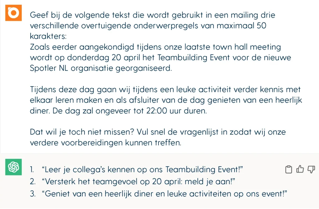 Een voorbeeld van de output van ChatGPT op de vraag om drie onderwerpregels te schrijven.