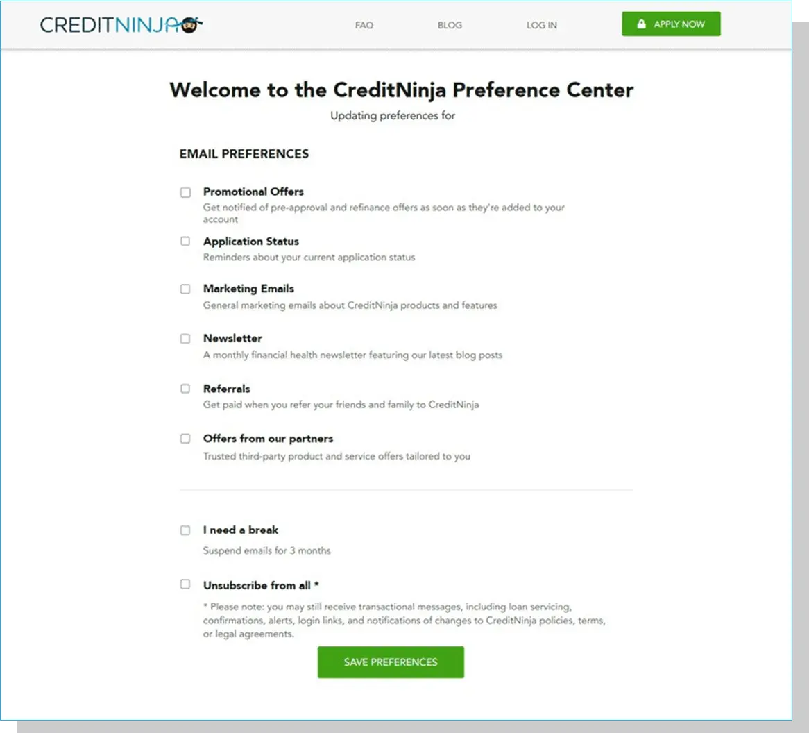 CreditNinja landing page with preference center