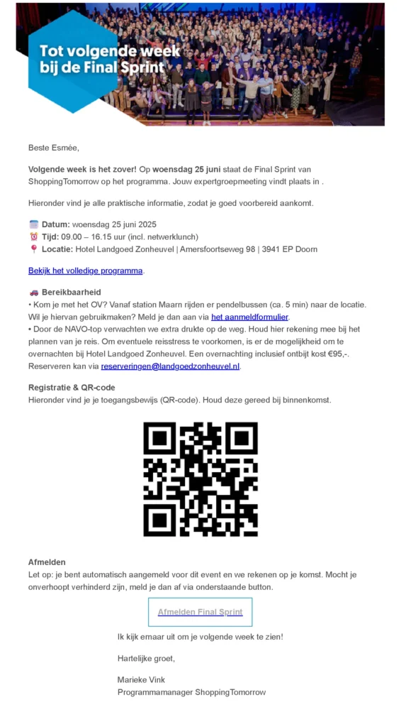 Een voorbeeldmail zoals die verzonden wordt naar aanmelders voor het ShoppingTomorrow event