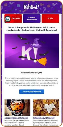 Full view of the Halloween email by Kahoot!