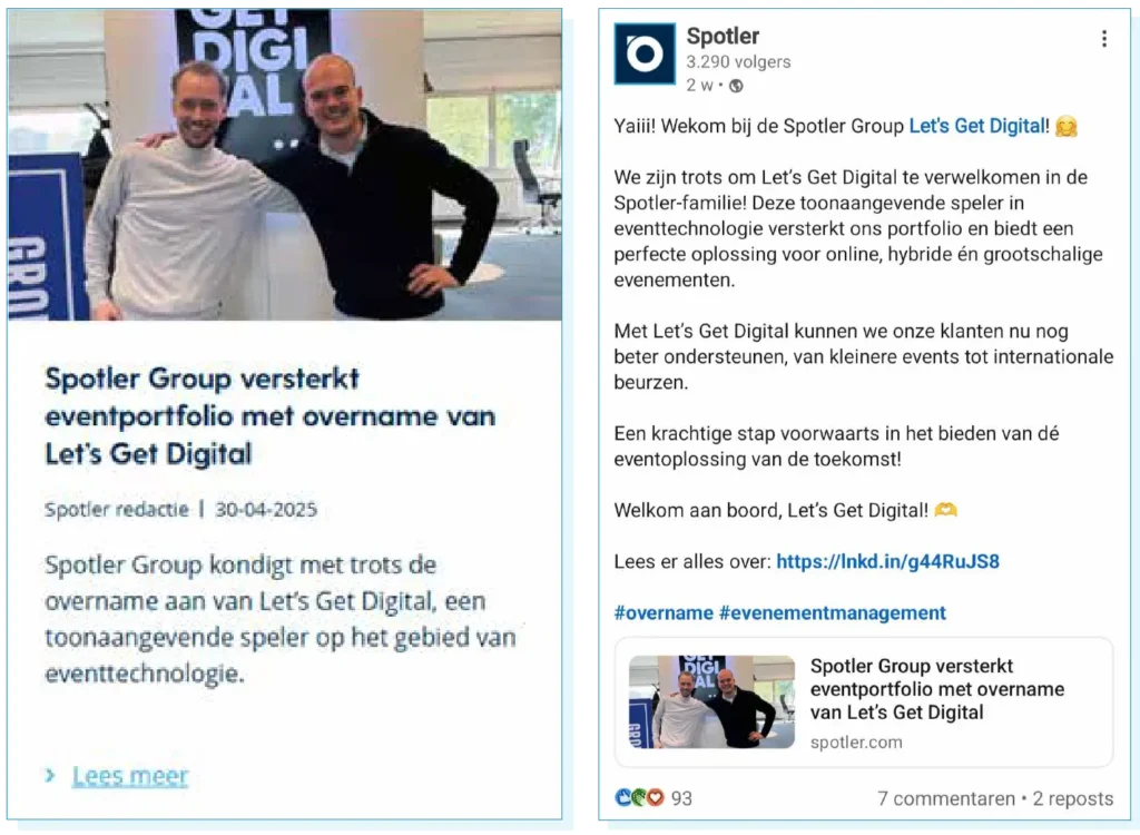 Nieuwsberichten van onze overname van Let's Get Digital, evenementensoftware in de B2B