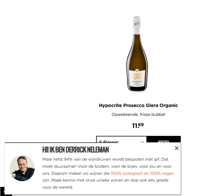 Popup van Derrick Neleman over duurzame wijnen.