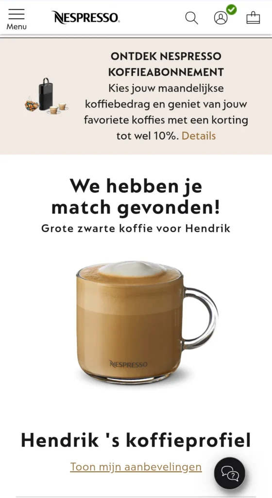 Met voldoende klantkennis kun je PDP’s personaliseren. Hendrik krijgt in zijn carrousel ‘Speciaal voor jou geselecteerd’ pittige koffies te zien.  
