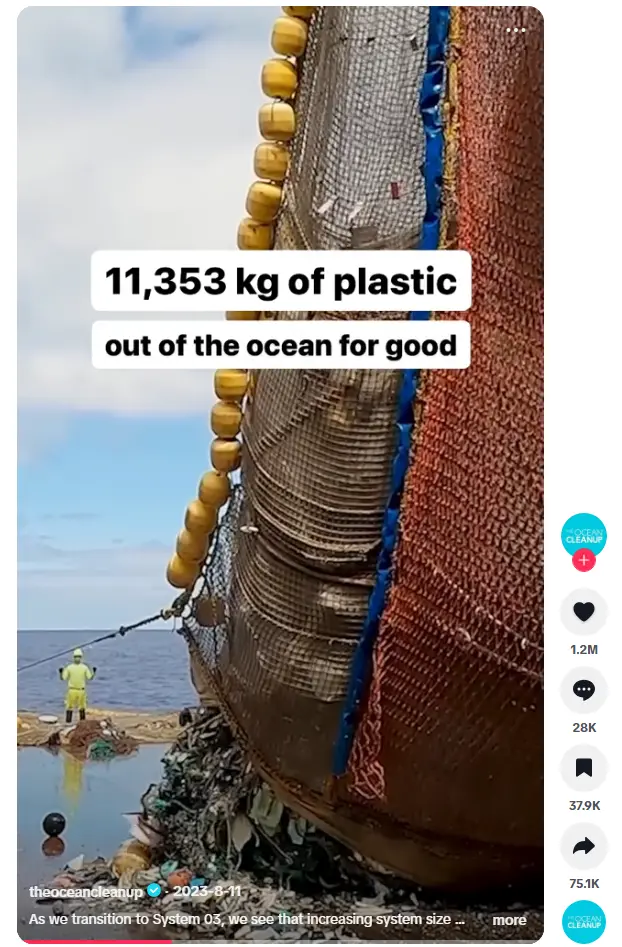 The Ocean Cleanup plaatst een TikTok over hoeveel plastic ze uit de oceaan gehaald hebben