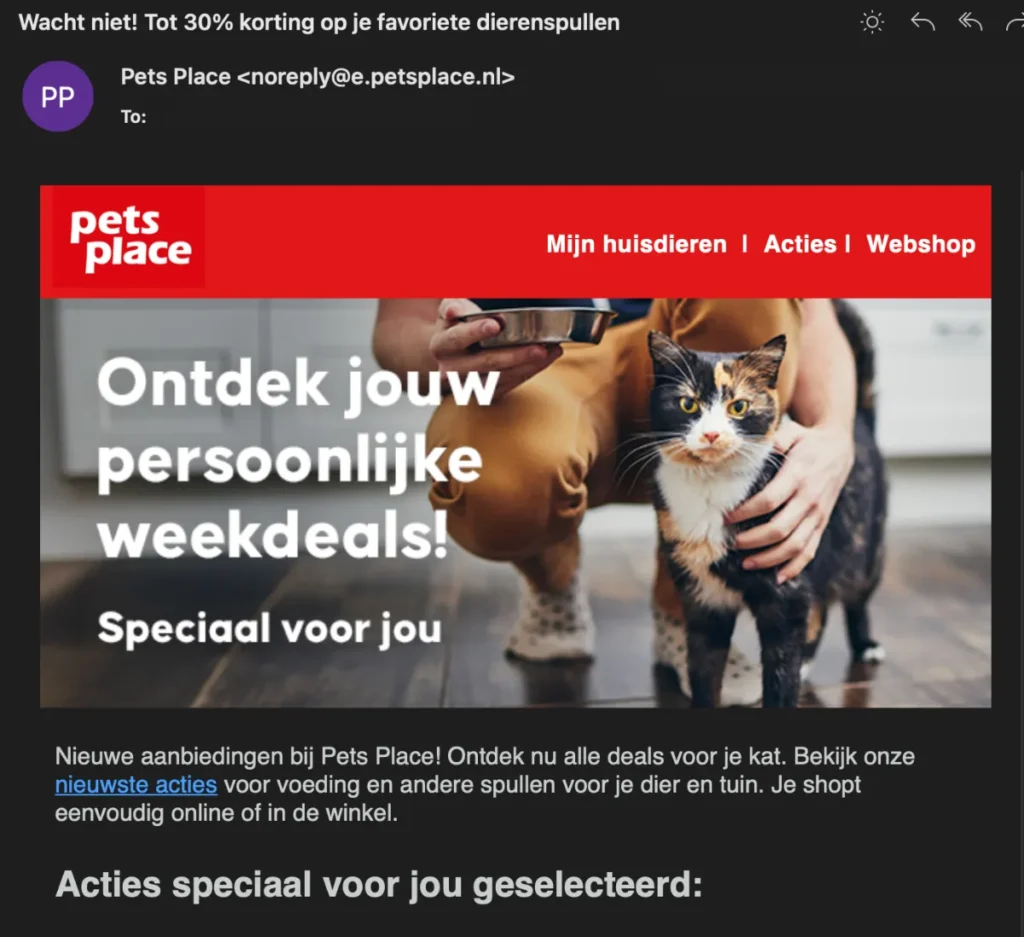 De kortingsmail van Pets Place