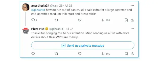 Example of a negative social mention of Pizza Hut