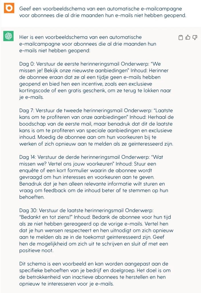 Een voorbeeld van door ChatGPT gegenereerde ideeën om een inactieve subscriber weer te reactiveren.