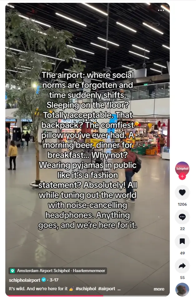 Schiphol plaatst een herkenbare post over sociale normen op een vliegveld