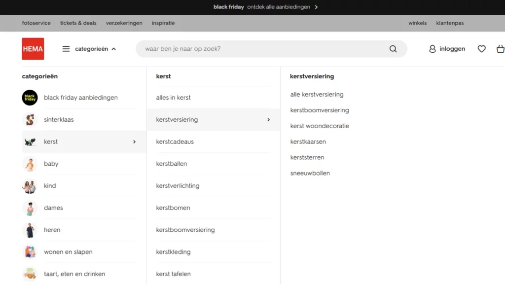 Site search bij HEMA