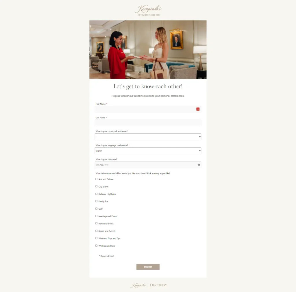 A screenshot of the survey sent out by Kempinski during their welcome journey to get to know their customers better