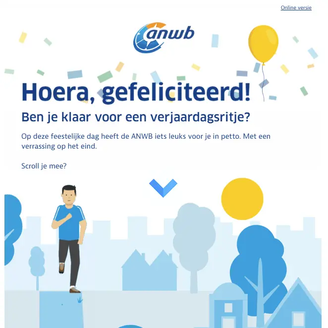 Screenshot van de verjaardagsmail verstuurd door de ANWB
