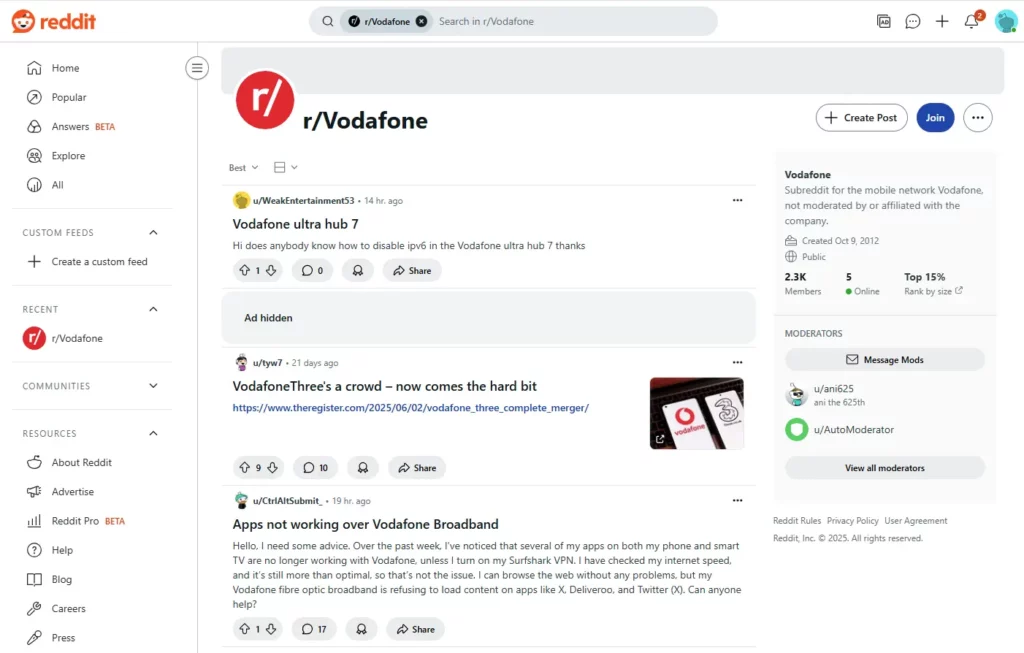 The Vodafone community on Reddit (r/Vodafone)