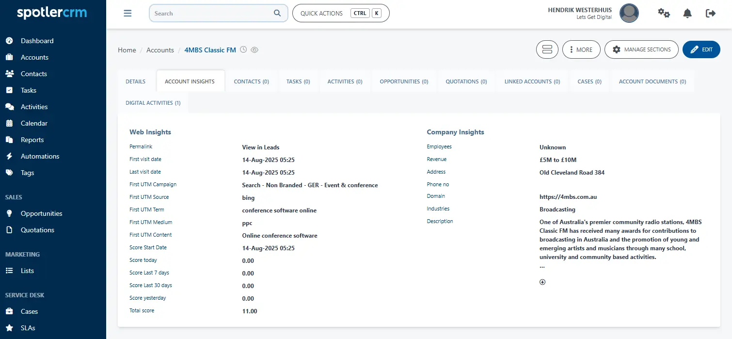 Een overzicht in Spotler CRM van een lead.