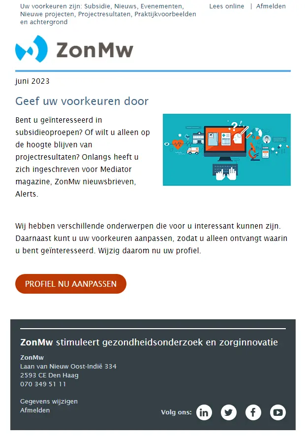 Profielverrijkingsmail van ZonMw